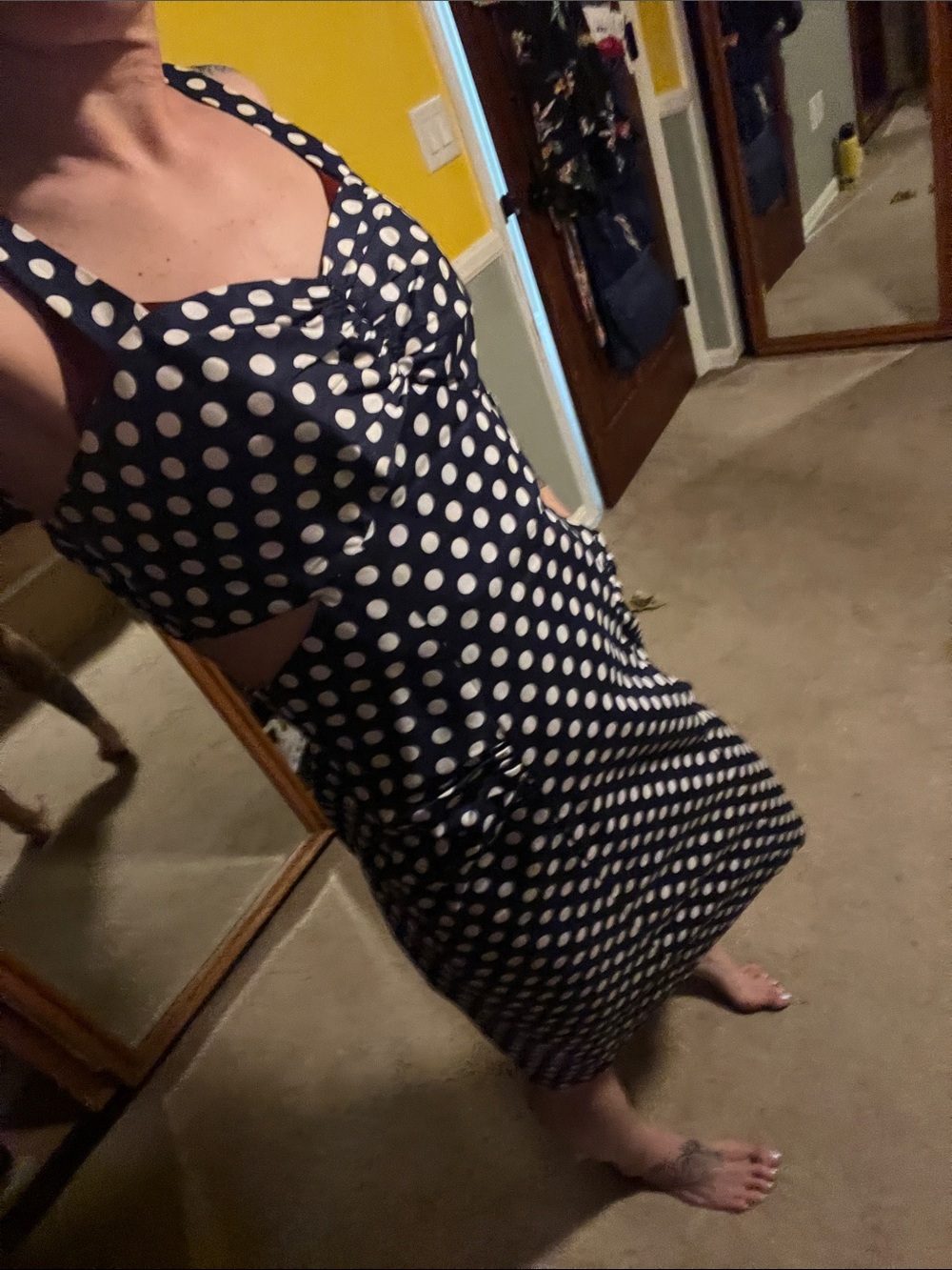 Navy Polka Dot Cutout Midi Dress